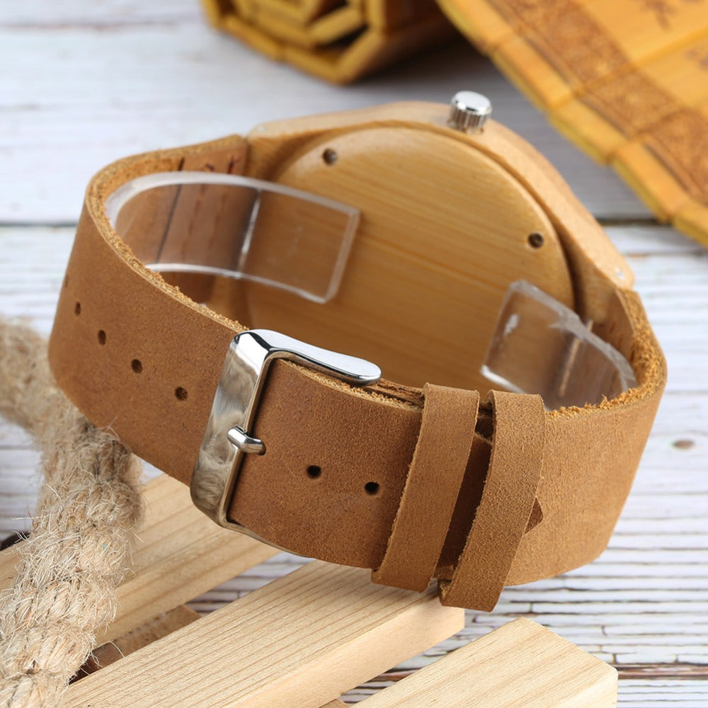 Men’s Bamboo Wooden Watch – Modern Quartz Wristwatch with Leather StrapCreative Birthday Gifts