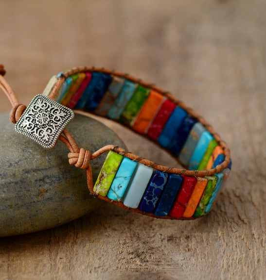 Handmade Chakra Leather Wrap Bracelet – Multicolor Natural Stone Jewelry