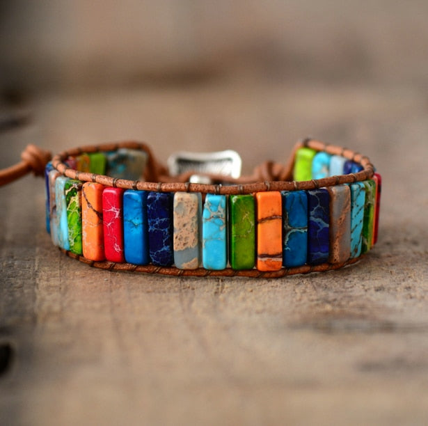 Handmade Chakra Leather Wrap Bracelet – Multicolor Natural Stone Jewelry