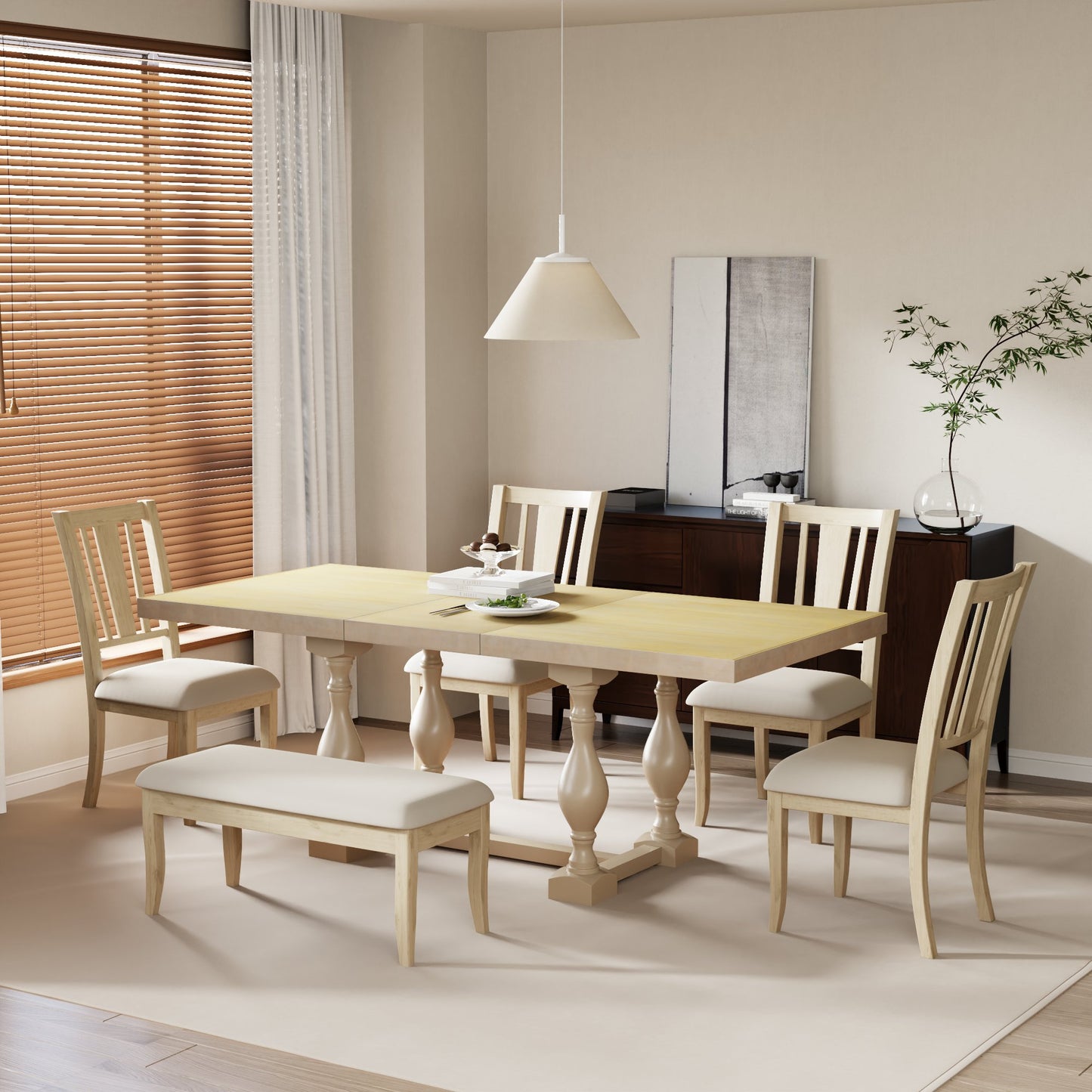 Traditional 6-Piece Extendable Dining Set with Bench – Natural Wood Finish