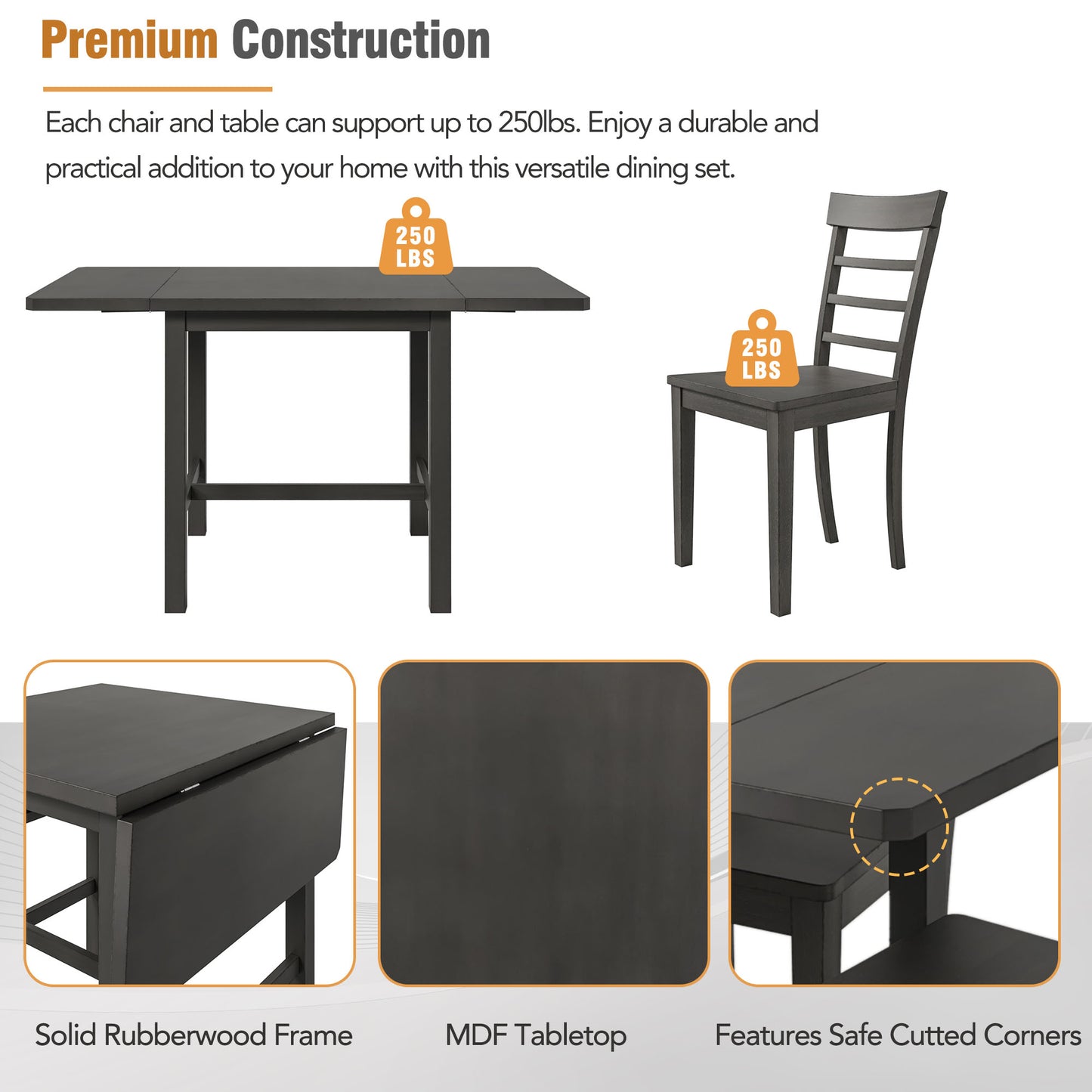 TOPMAX 5-Piece Gray Wooden Dining Set with Expandable Table