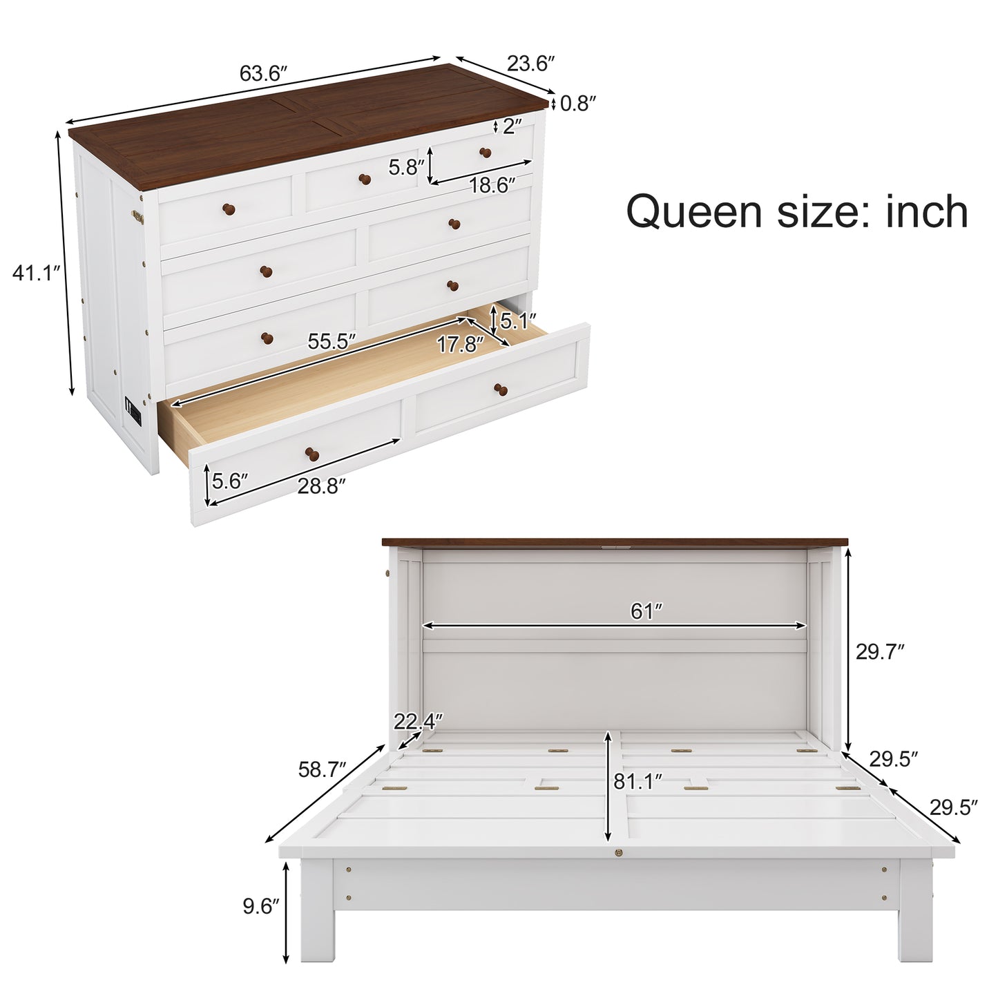 Solid Pine Murphy Bed Chest – Queen Size with Storage Drawer & Charging Station