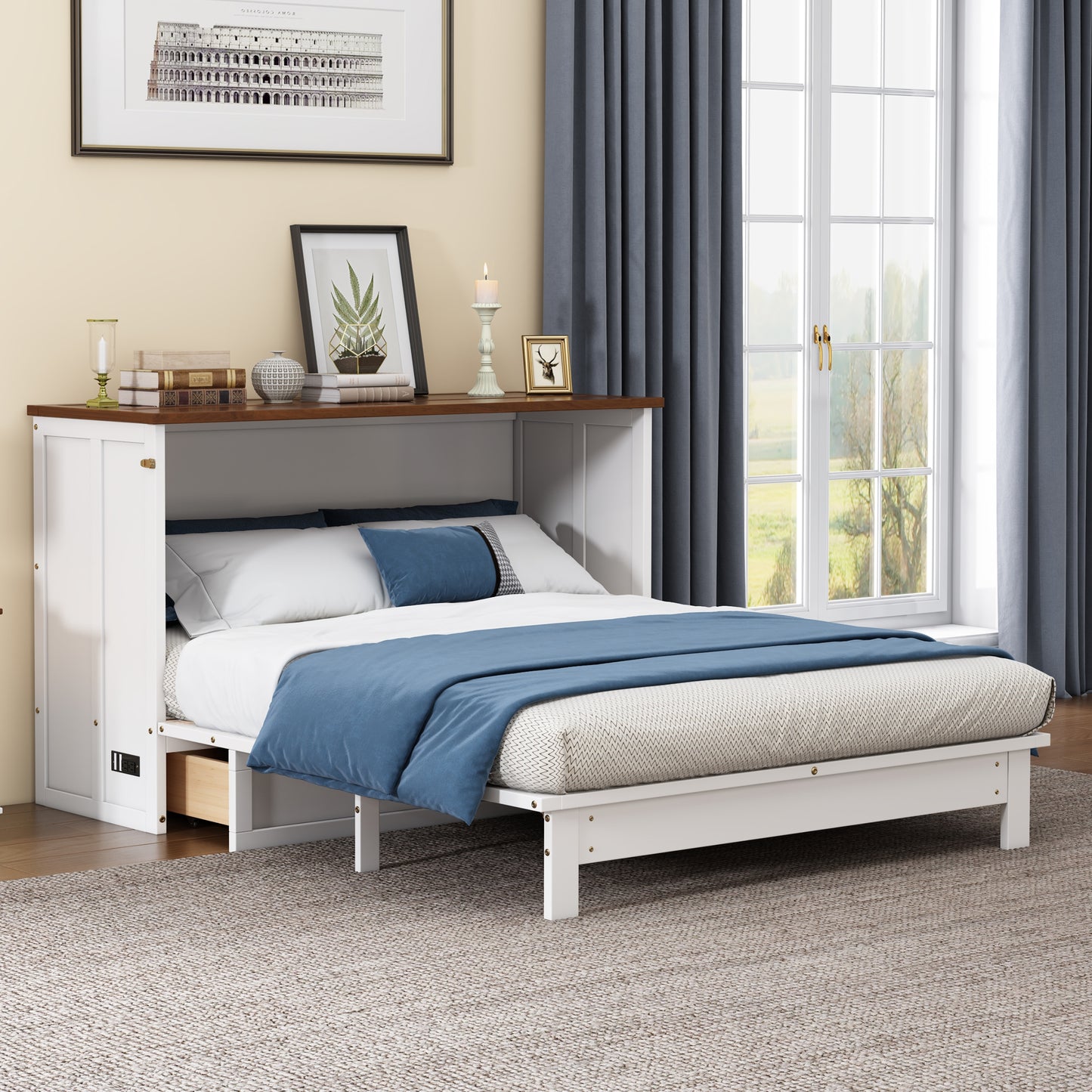 Solid Pine Murphy Bed Chest – Queen Size with Storage Drawer & Charging Station