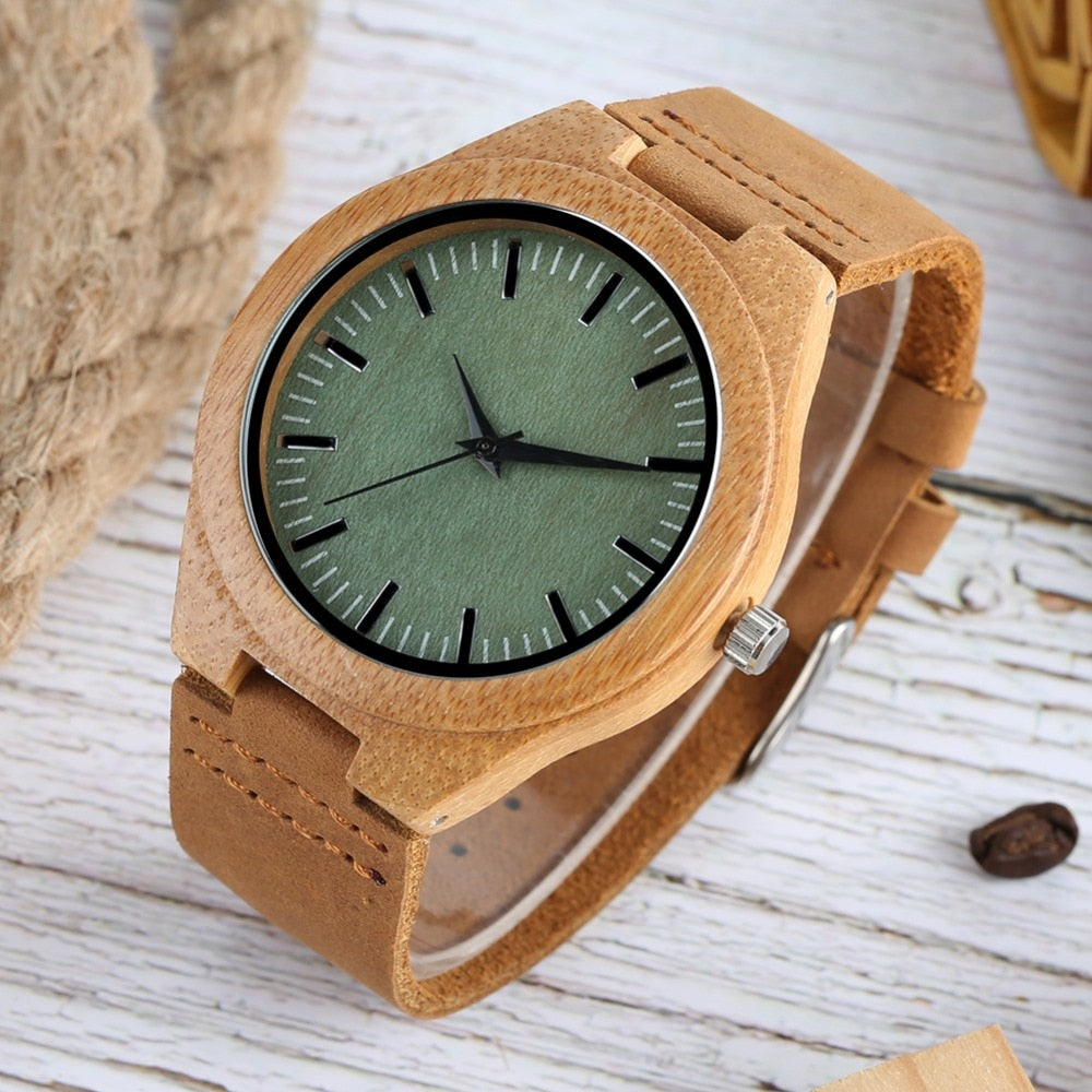 Men’s Bamboo Wooden Watch – Modern Quartz Wristwatch with Leather StrapCreative Birthday Gifts