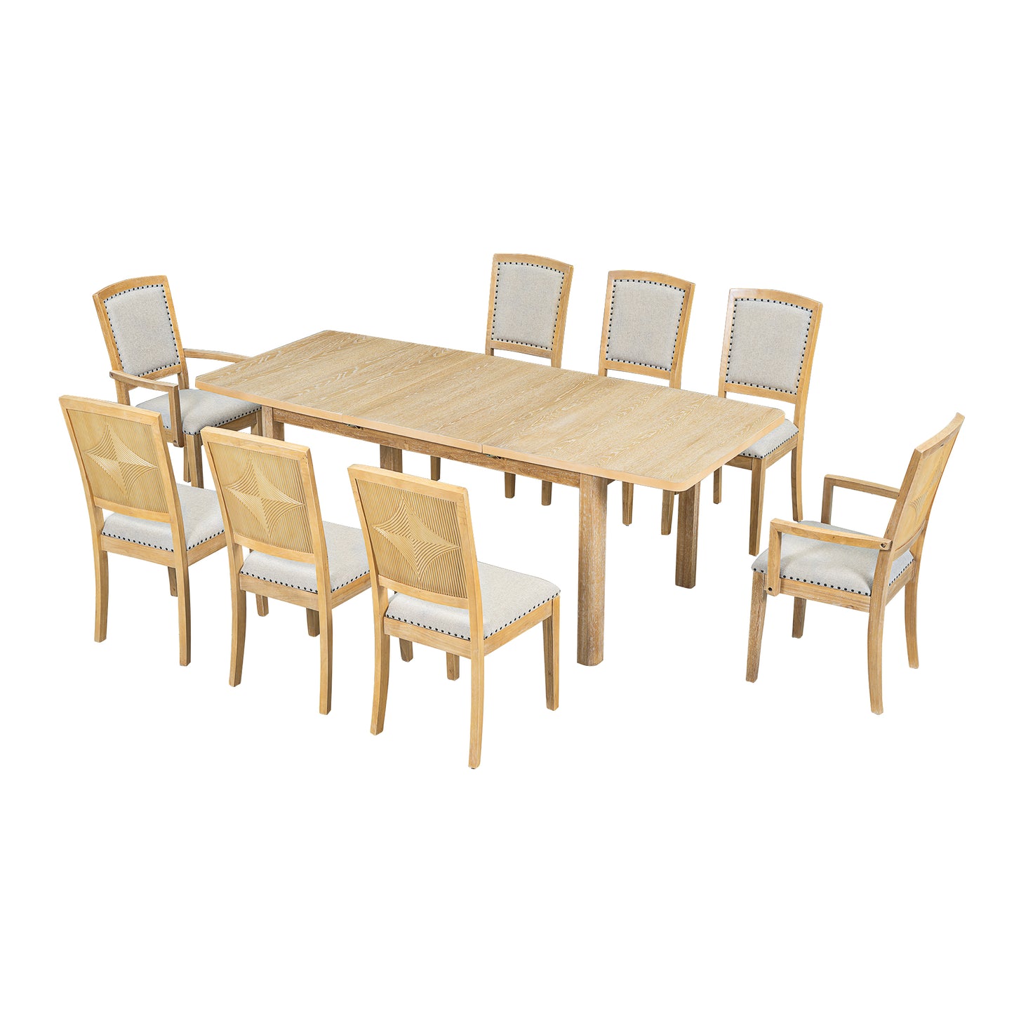 TOPMAX 9-Piece Expandable Dining Table Set – Natural Wood with Detachable Leaves