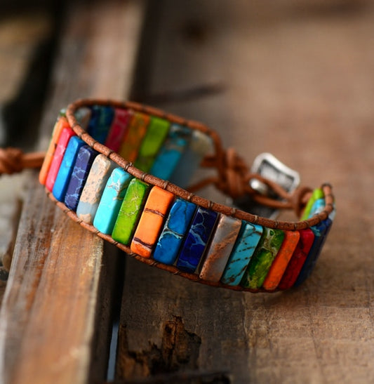 Handmade Chakra Leather Wrap Bracelet – Multicolor Natural Stone Jewelry