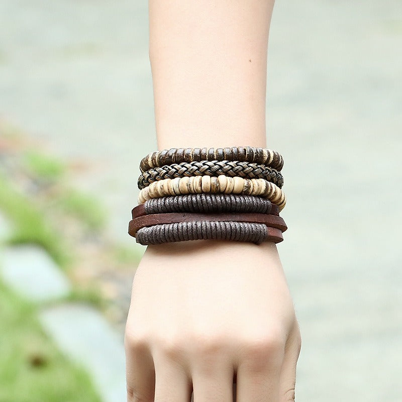 Men’s Retro Woven Leather & Coconut Shell Bracelet Set