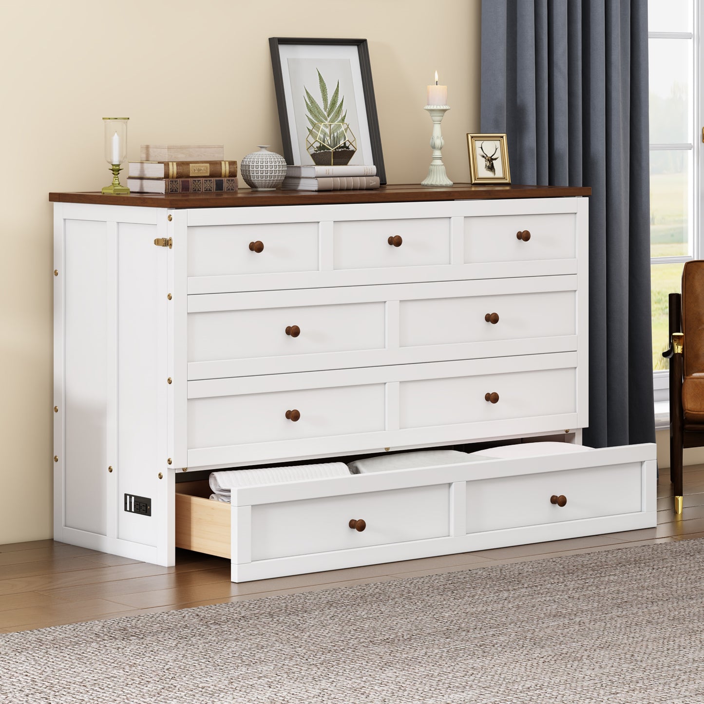 Solid Pine Murphy Bed Chest – Queen Size with Storage Drawer & Charging Station