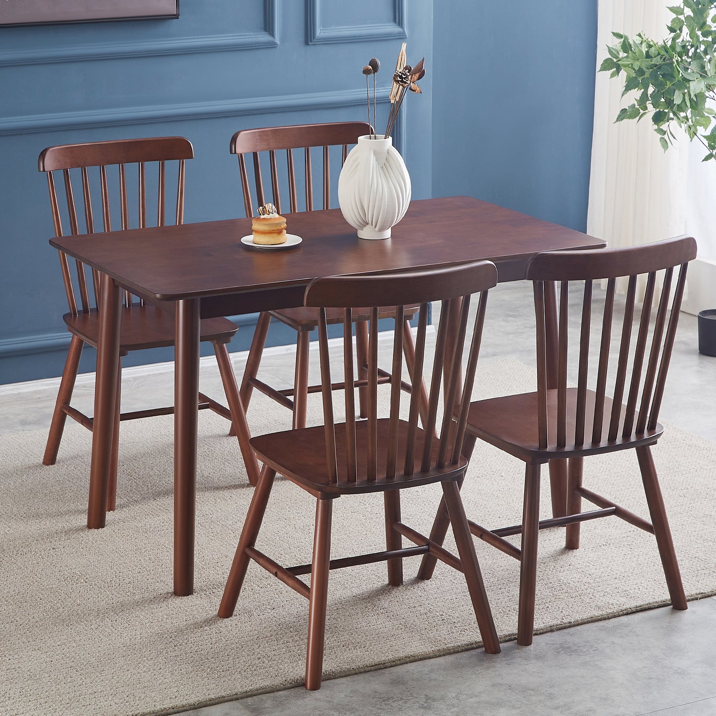 Set of 4 Solid Wood Dining Chairs – Elegant Walnut Rubberwood Design