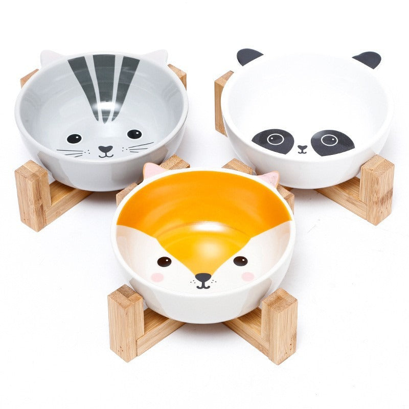 Double Ear Ceramic Pet Bowl with Bamboo Frame – Stylish Dog & Cat Bowl