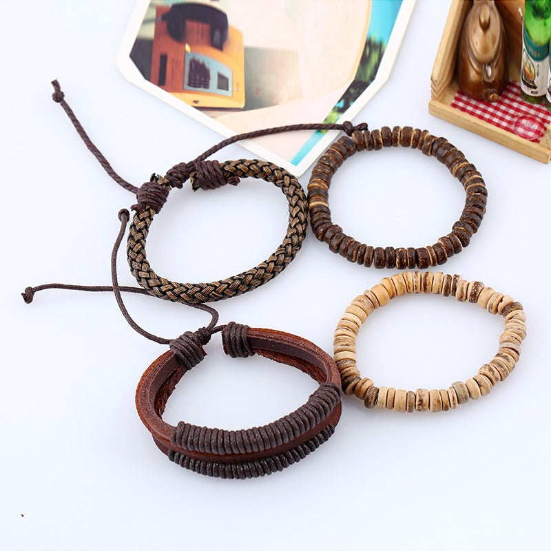 Men’s Retro Woven Leather & Coconut Shell Bracelet Set