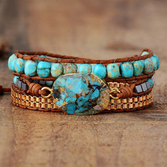 Boho Turquoise Triple Wrap Bracelet – Hand-Braided Leather Jewelry