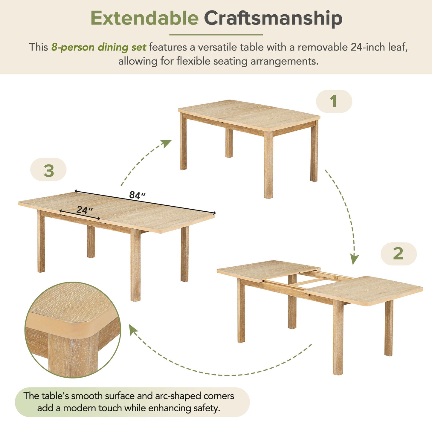 TOPMAX 9-Piece Expandable Dining Table Set – Natural Wood with Detachable Leaves