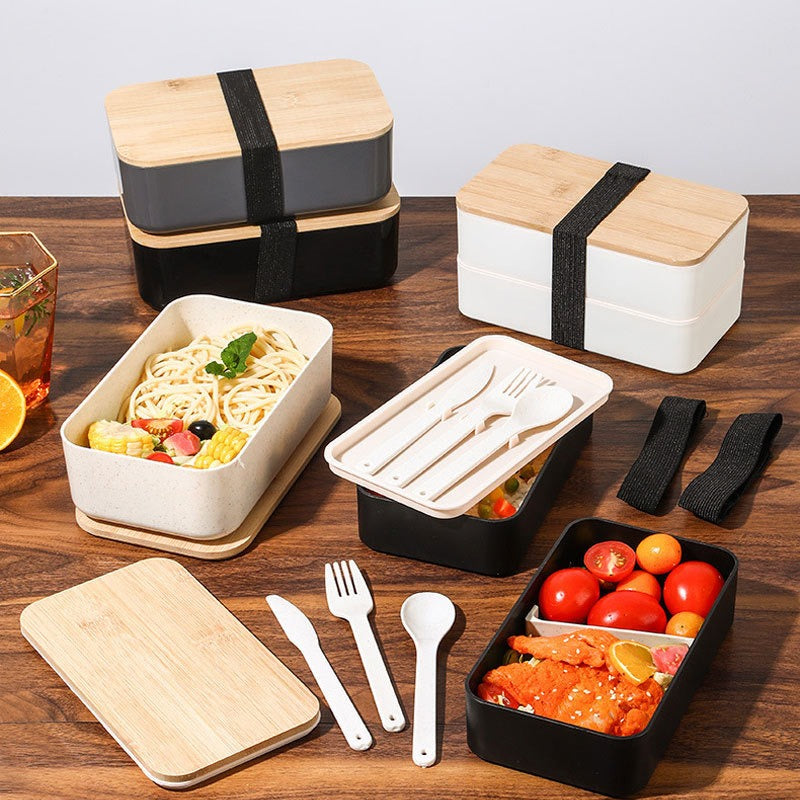 Eco-Friendly Wheat Straw Bento Box with Wooden Lid – Microwave Safe