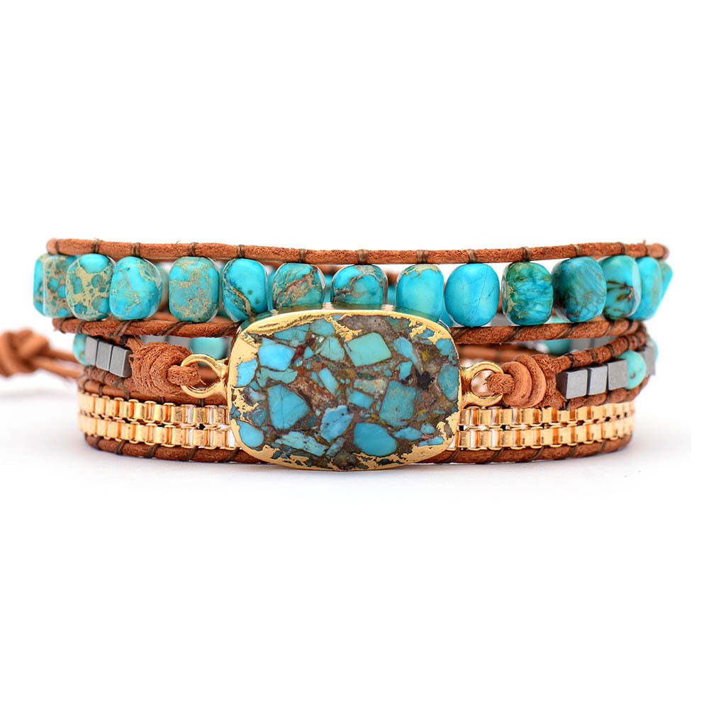 Boho Turquoise Triple Wrap Bracelet – Hand-Braided Leather Jewelry