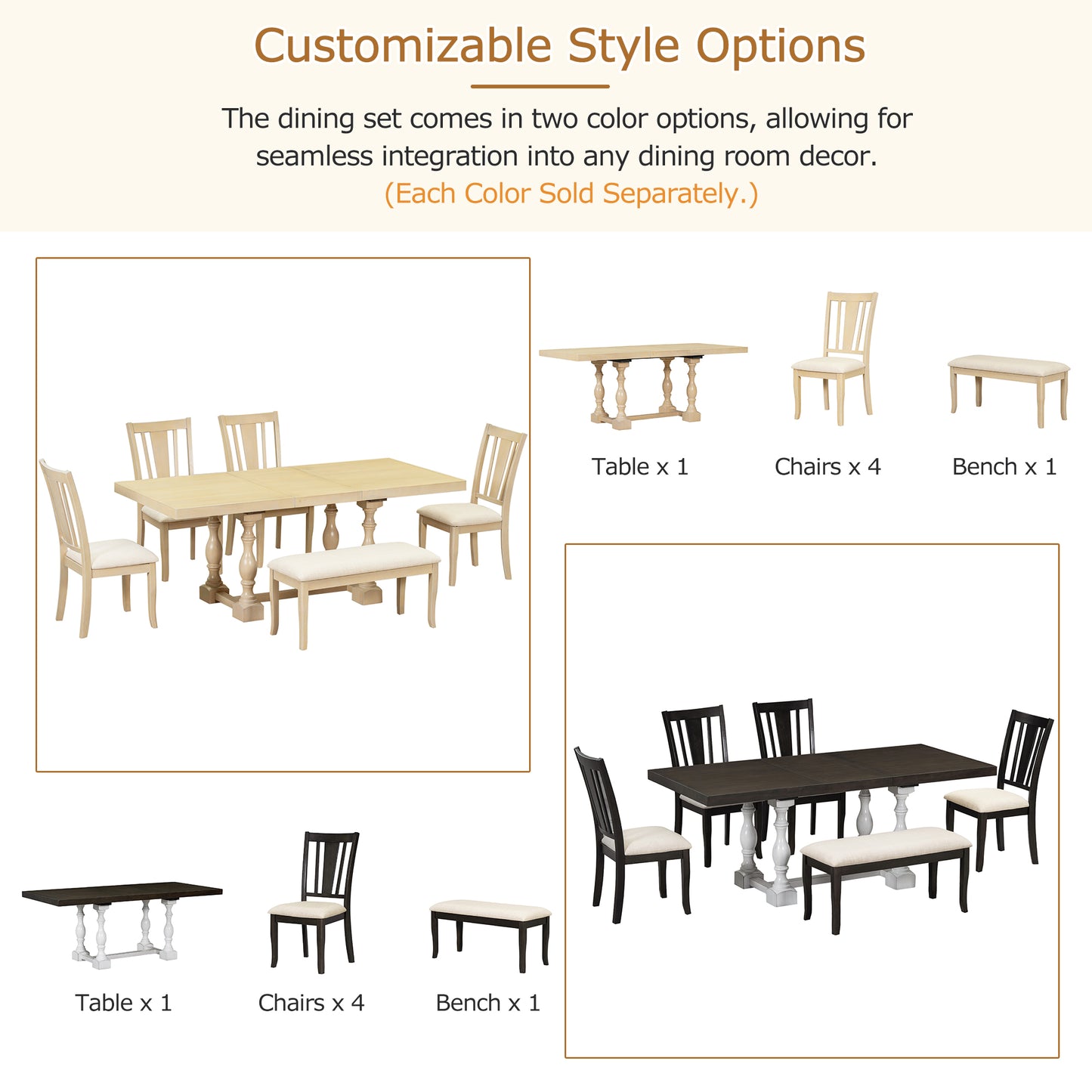Traditional 6-Piece Extendable Dining Set with Bench – Natural Wood Finish