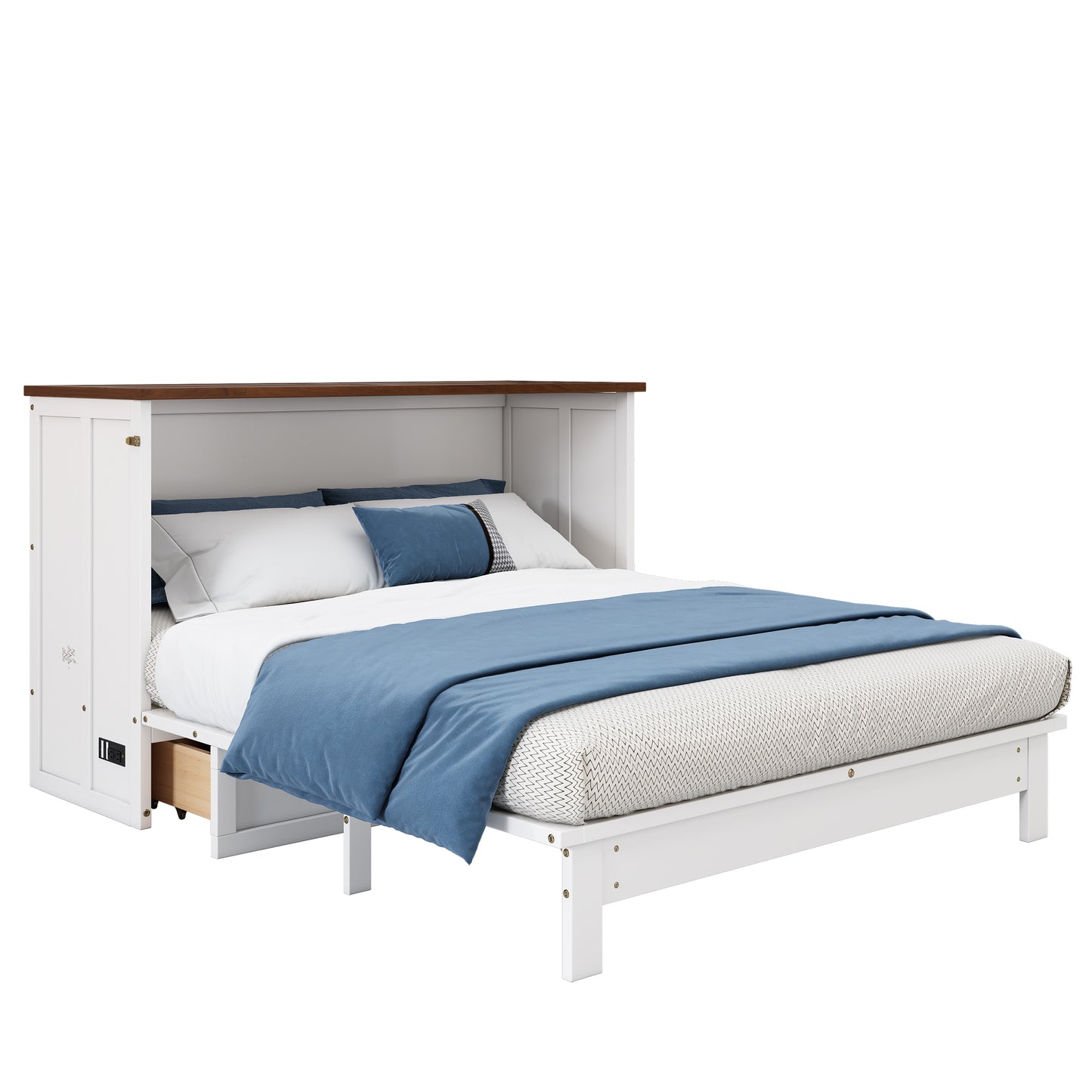 Solid Pine Murphy Bed Chest – Queen Size with Storage Drawer & Charging Station