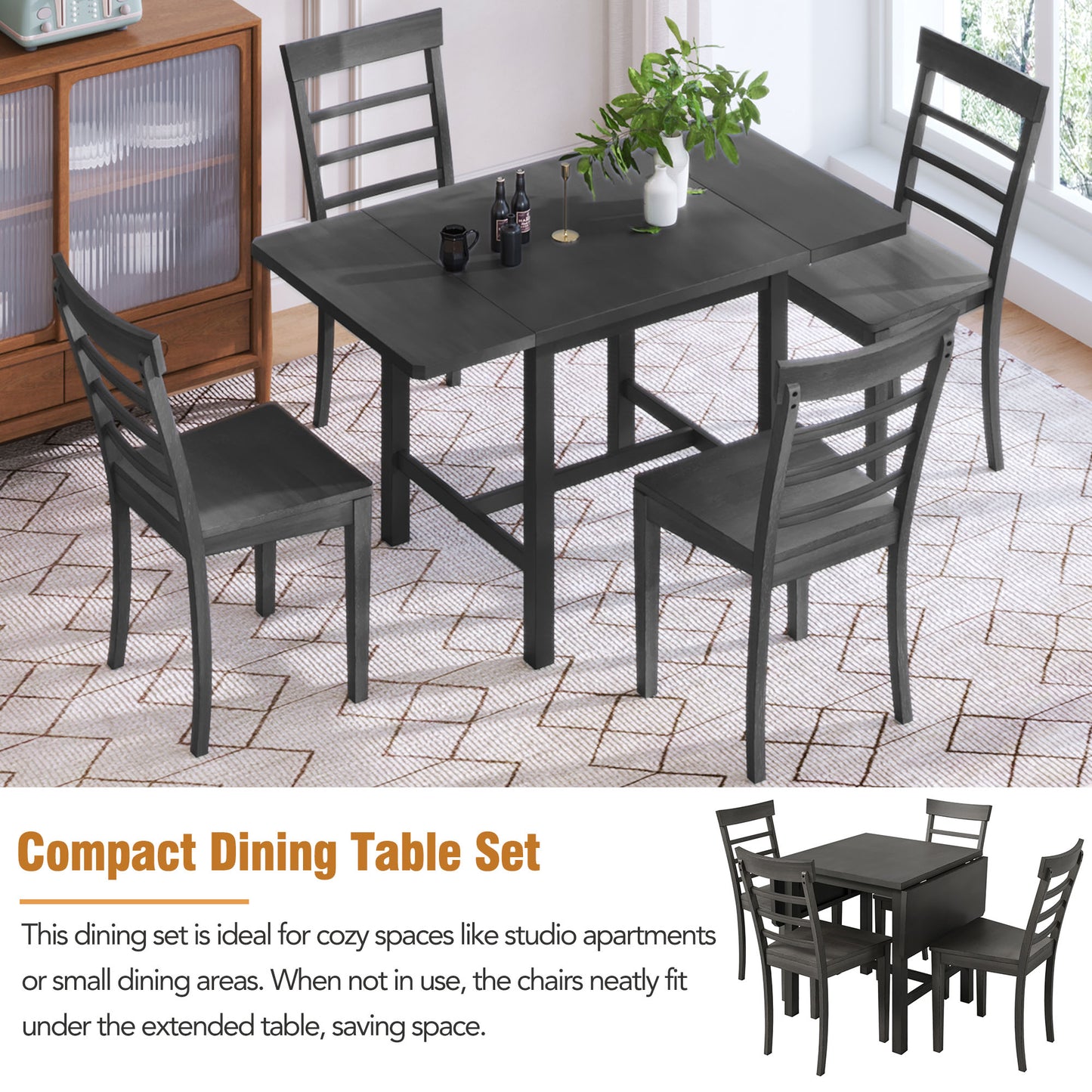 TOPMAX 5-Piece Gray Wooden Dining Set with Expandable Table
