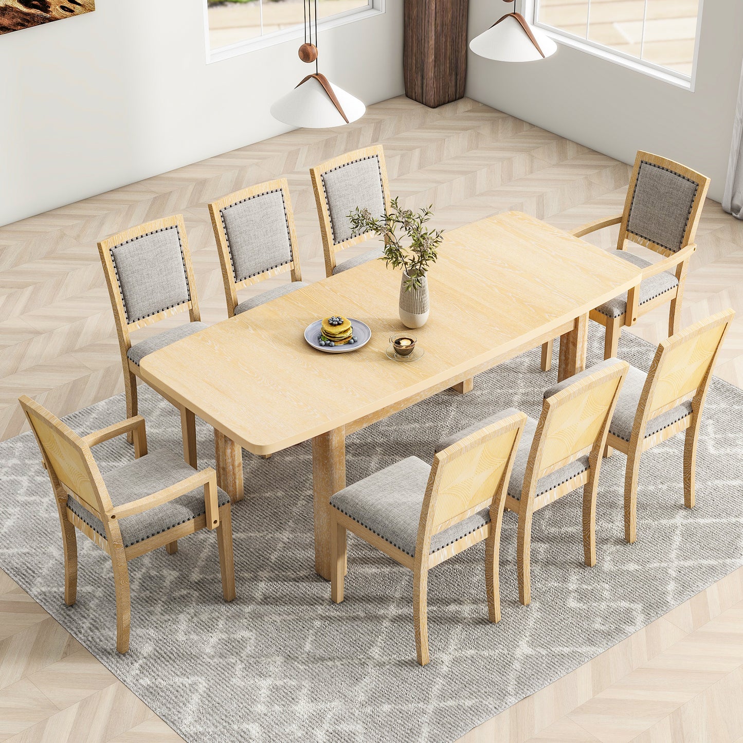 TOPMAX 9-Piece Expandable Dining Table Set – Natural Wood with Detachable Leaves