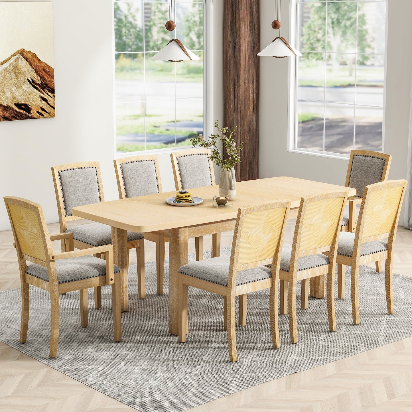 TOPMAX 9-Piece Expandable Dining Table Set – Natural Wood with Detachable Leaves
