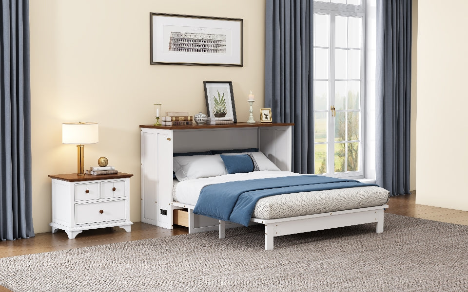 Solid Pine Murphy Bed Chest – Queen Size with Storage Drawer & Charging Station