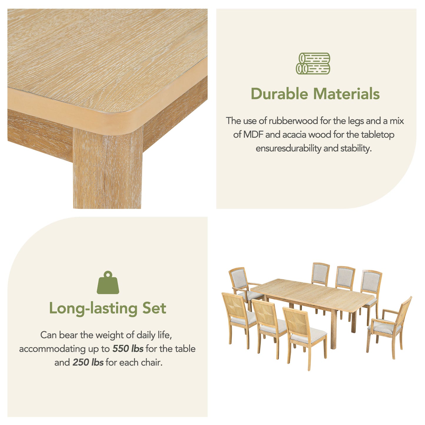 TOPMAX 9-Piece Expandable Dining Table Set – Natural Wood with Detachable Leaves