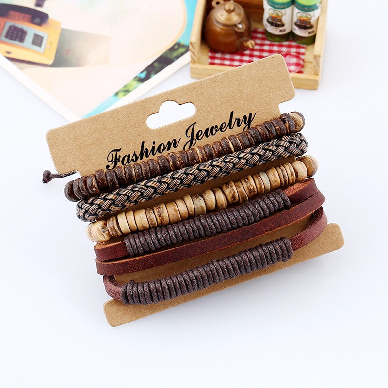 Men’s Retro Woven Leather & Coconut Shell Bracelet Set