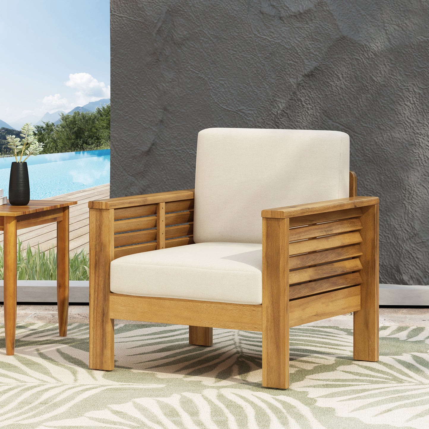 Outdoor Acacia Wood Club Chairs with Cushions – Teak Finish & Beige Comfort