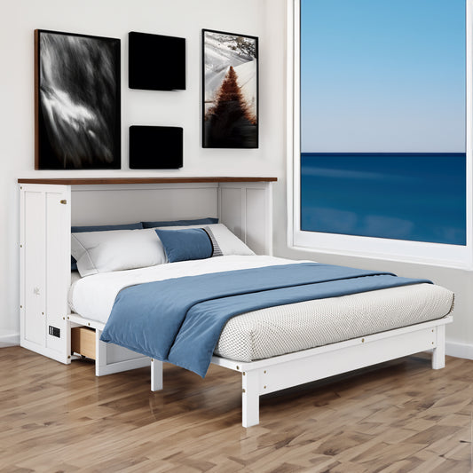 Solid Pine Murphy Bed Chest – Queen Size with Storage Drawer & Charging Station