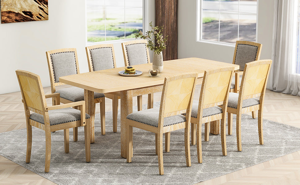 TOPMAX 9-Piece Expandable Dining Table Set – Natural Wood with Detachable Leaves