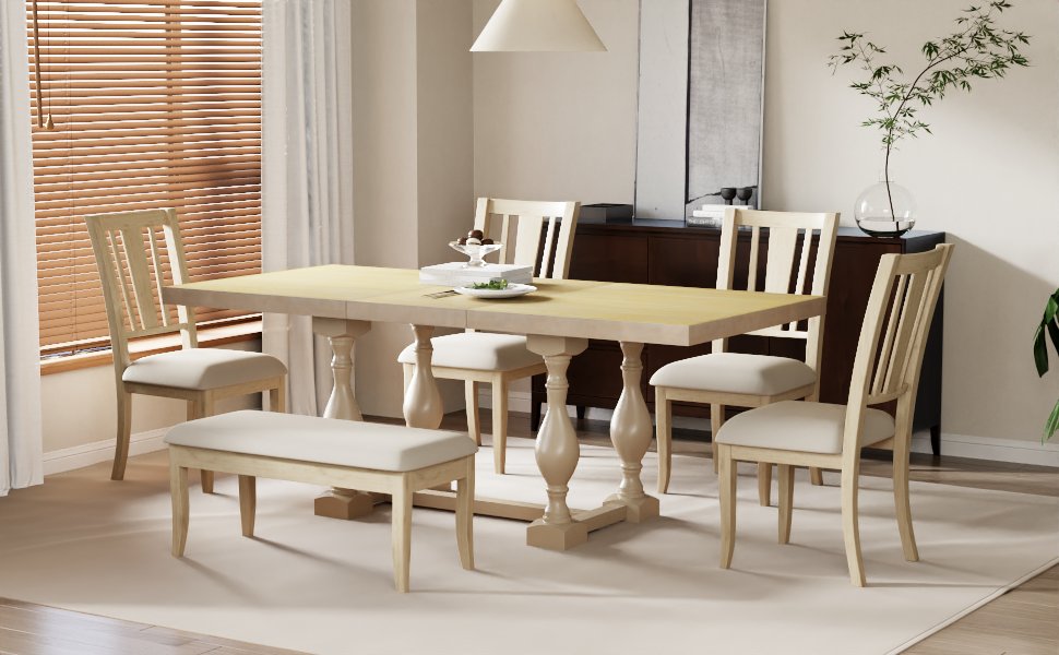 Traditional 6-Piece Extendable Dining Set with Bench – Natural Wood Finish