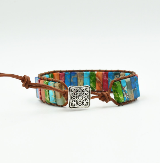 Handmade Chakra Leather Wrap Bracelet – Multicolor Natural Stone Jewelry